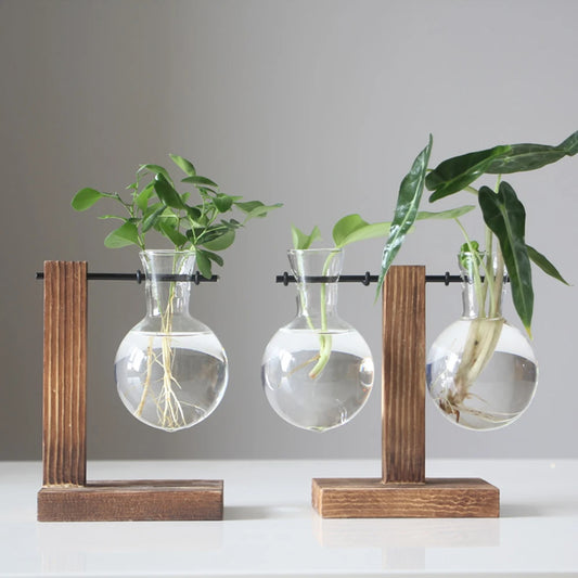 Terrarium Vasevase Decoration Home Bonsai Flower Plant Vases Vintage Flower Pot Transparent Wooden Frame Glass Tabletop Plants